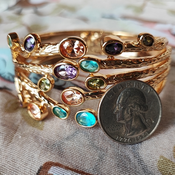 Gold Tone NEW Clamper Bracelet Multi Gemstone Open Back Topaz Citrine Purple - Picture 11 of 12